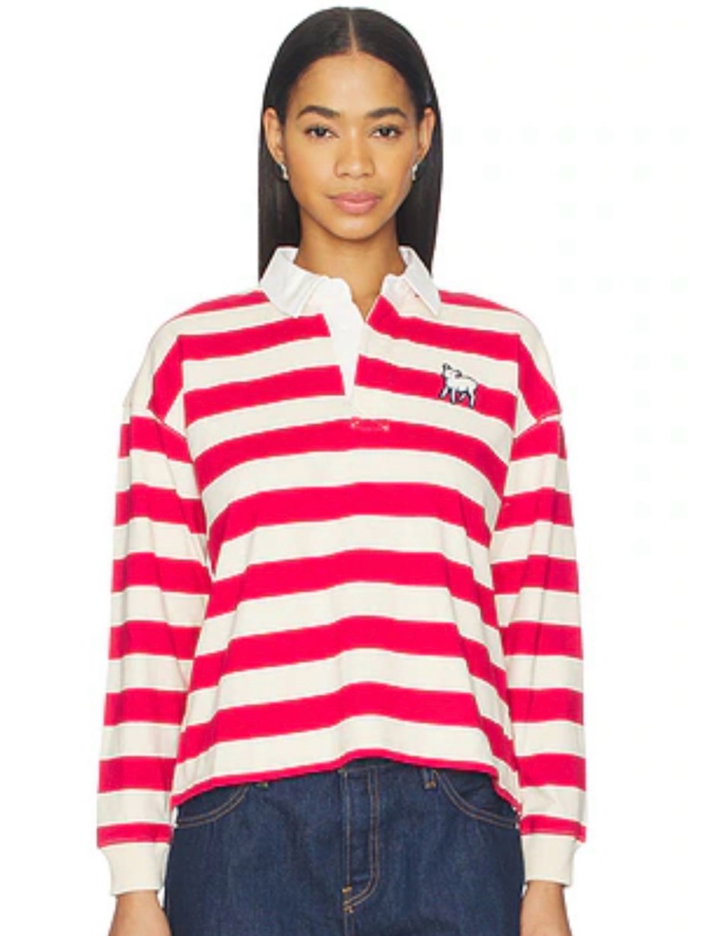 MOTHER Striped Long Sleeve Rugby Tee in Pink and White NWOT sz:M